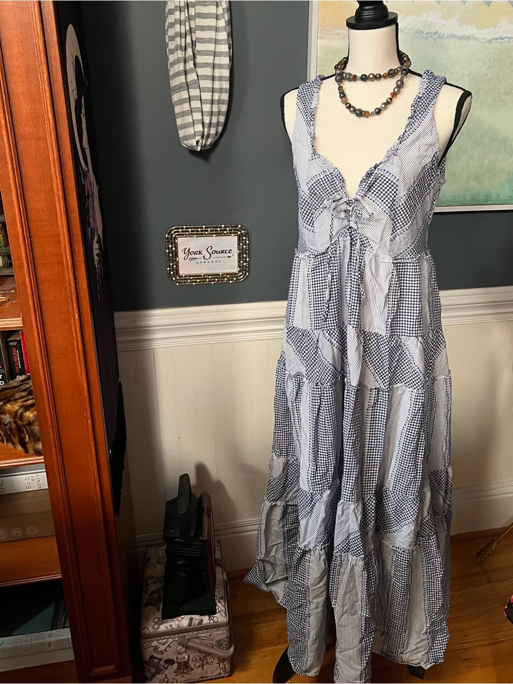 Betsey Johnson Blue & White Gingham Tie-Front Maxi Dress
